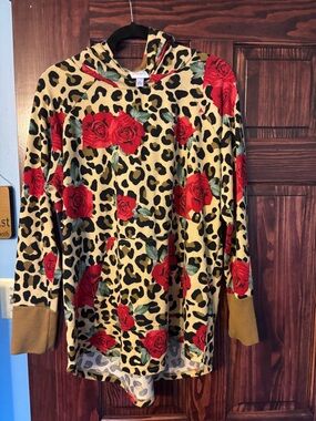 LuLaRoe Amber hoodie Tan Leopard Print with Red & Green Floral Accents Hoodie